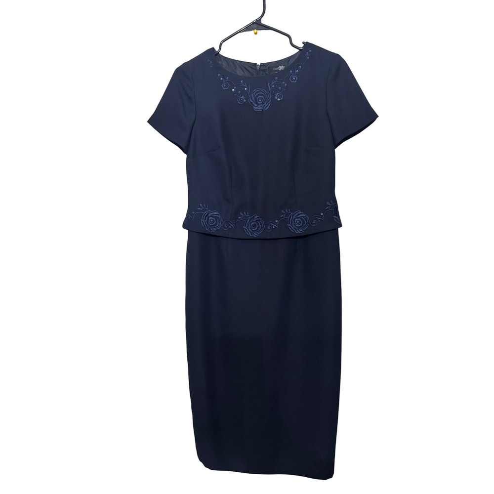 East 5th Petite Navy Blue Embroidered‎ Short Sleeve Sheath Dress 4P